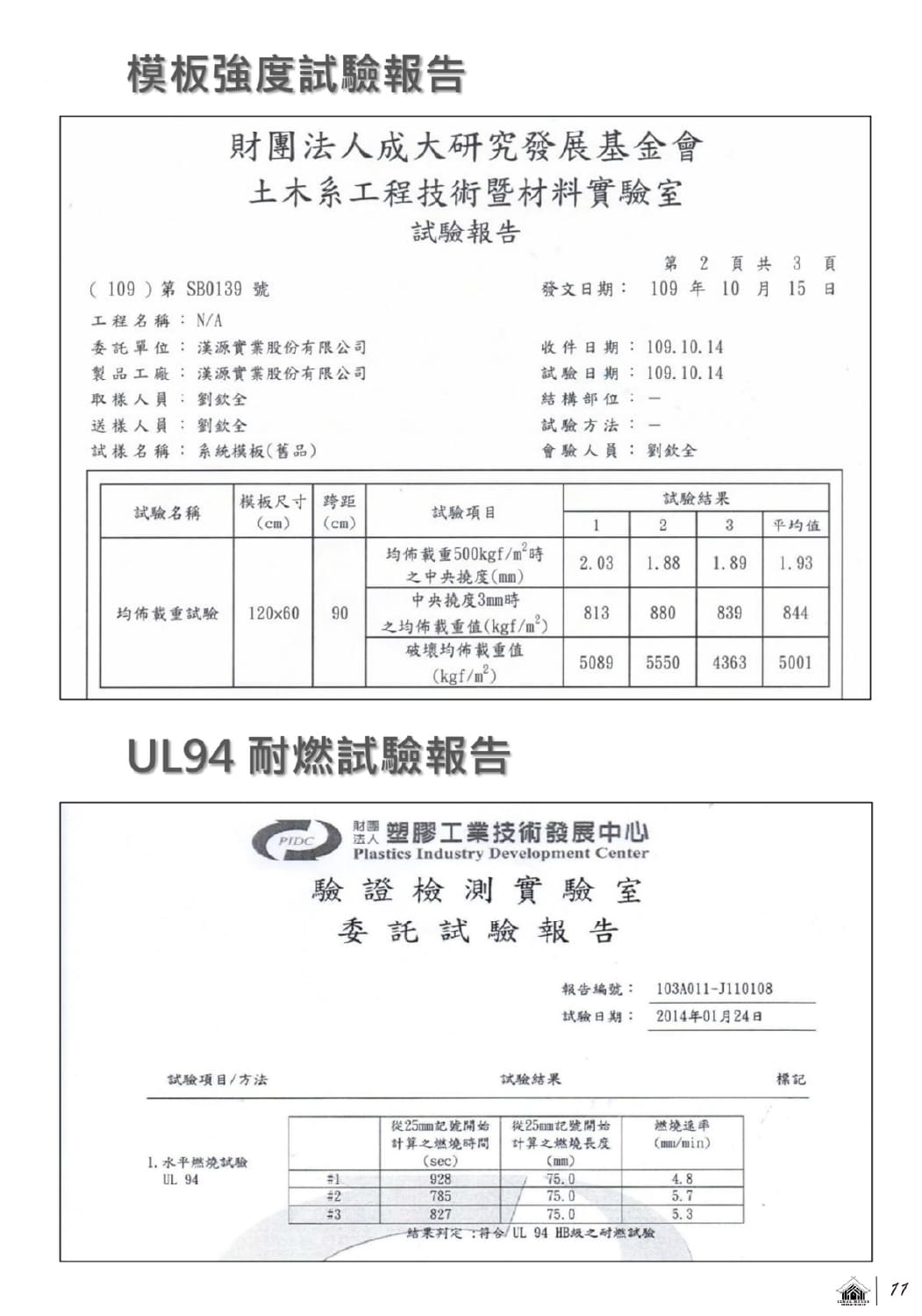 模板強度試驗 & UL耐燃試驗